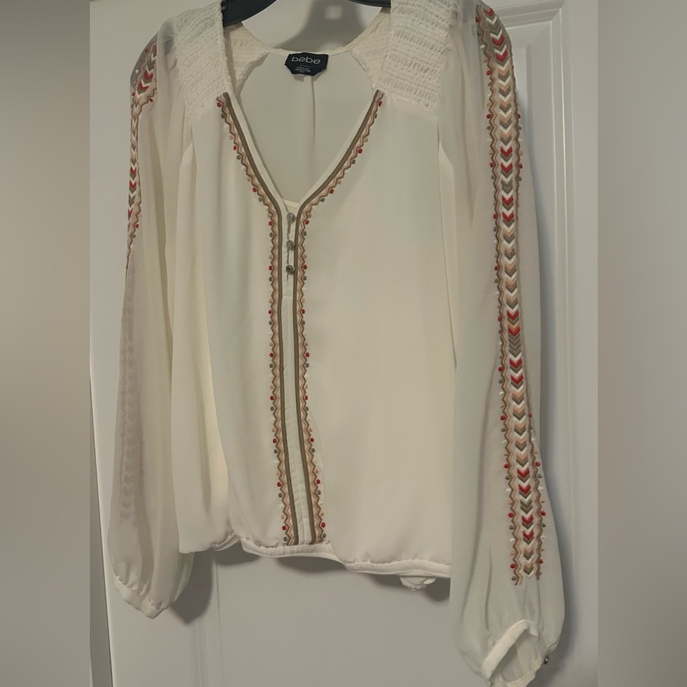 bebe Cream Blouse with Red Embroidery